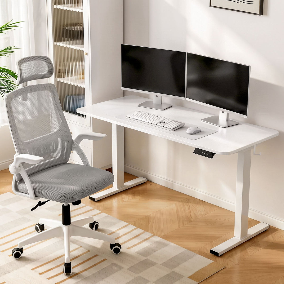140cm Ergonomic Electric Standing Desk And Mesh Chair Set White Grey ...